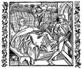Drer, Albrecht: Illustration zum »Der Ritter vom Turn«, Szene: Die Tochter des Kaisers von Konstantinopel wird durch die Toten, die ihr Bett umstehen, vor den Zudringlichkeiten eines Ritters beschtzt
