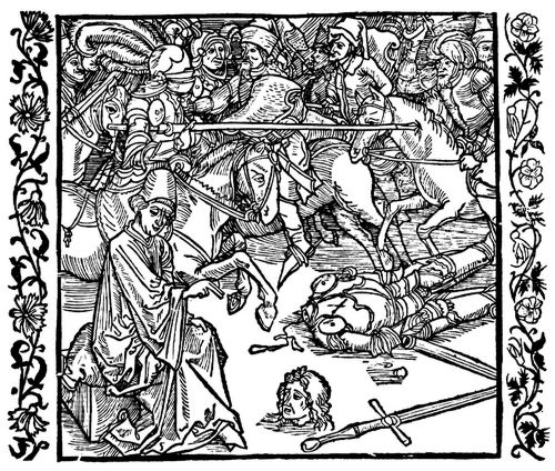 Drer, Albrecht: Illustration zum »Der Ritter vom Turn«, Szene: Das abgeschlagene Haupt eines Ritters beichtet einem Priester