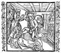 Drer, Albrecht: Illustration zum »Der Ritter vom Turn«, Szene: Ein Mann tritt seine vorlaute Frau mit Fen