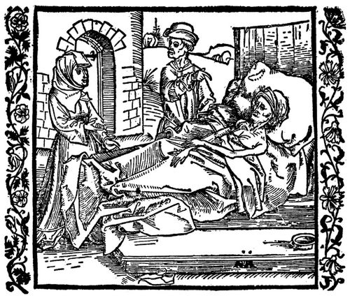 Drer, Albrecht: Illustration zum »Der Ritter vom Turn«, Szene: Die geizige Frau liegt todkrank vor ihrem Schatzturm