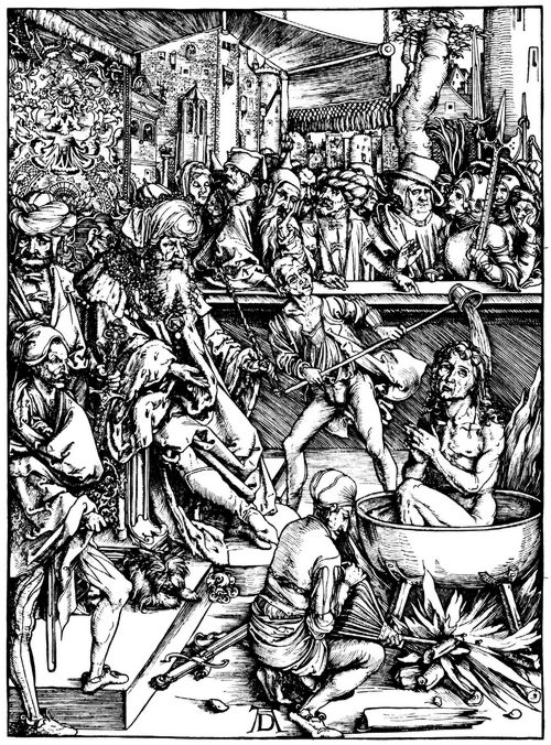 Drer, Albrecht: Illustration zur »Apokalypse«, Szene: Das Martyrium des Hl. Johannes