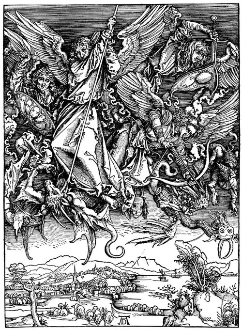 Drer, Albrecht: Illustration zur »Apokalypse«, Szene: Michaels Kampf mit dem Drachen