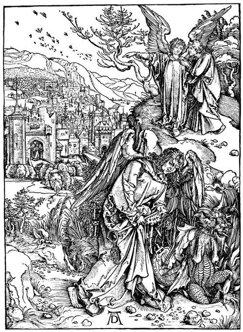 Drer, Albrecht: Illustration zur »Apokalypse«, Szene: Der Engel mit dem Schlssel zum Abgrund