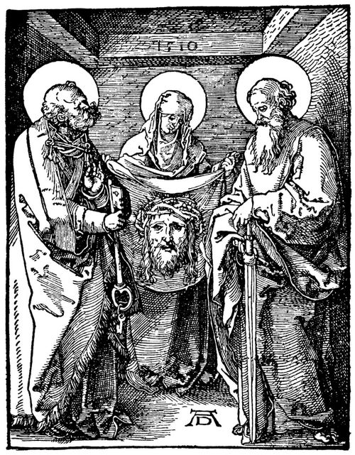 Drer, Albrecht: Folge der »Kleinen Passion«, Szene: Die heilige Veronika zwischen Petrus und Paulus